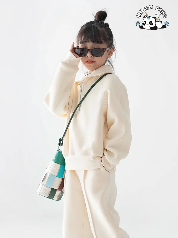 LEZONKIDS - Winter Fashion New Plain Hoodie with Collar Zipper Loose Straight Trouser Girls Girls' Sports Sweatsuit Set
